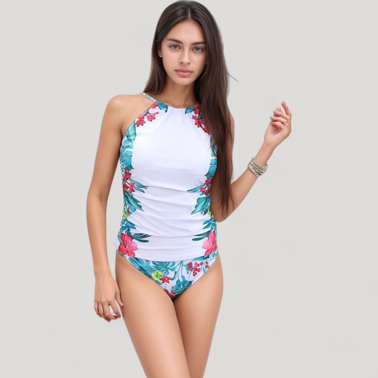 High Neck One Piece Swimsuit with Floral Side Panels and Ruched Waist Detail
