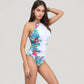 High Neck One Piece Swimsuit with Floral Side Panels and Ruched Waist Detail