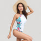 High Neck One Piece Swimsuit with Floral Side Panels and Ruched Waist Detail