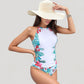 High Neck One Piece Swimsuit with Floral Side Panels and Ruched Waist Detail