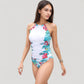 High Neck One Piece Swimsuit with Floral Side Panels and Ruched Waist Detail