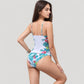 High Neck One Piece Swimsuit with Floral Side Panels and Ruched Waist Detail