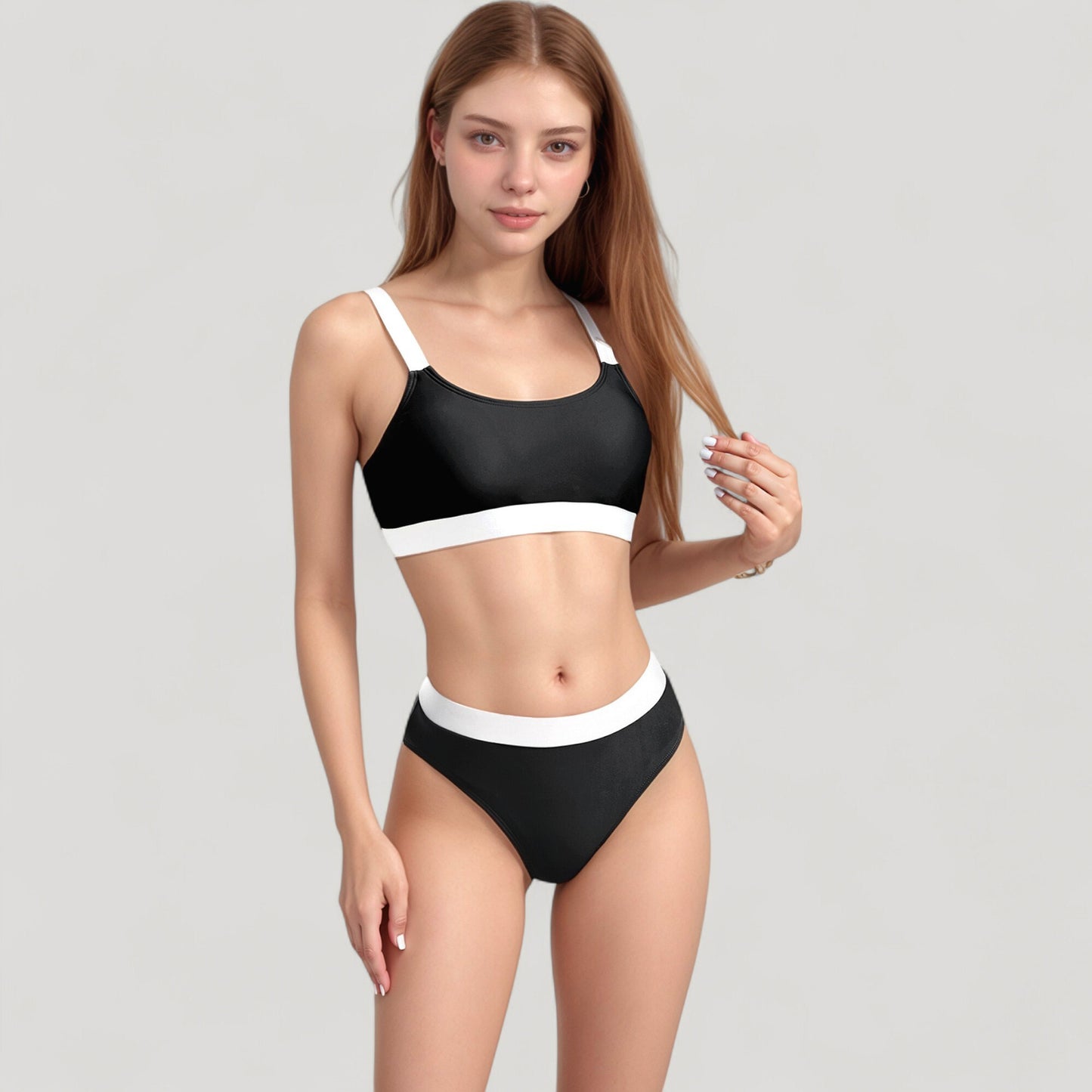 Two Tone Scoop Neck Bikini Top with Matching High Waist Bottoms and Adjustable Straps