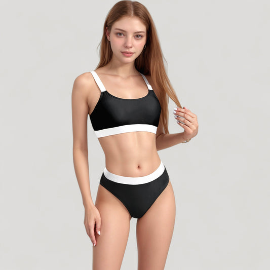 Two Tone Scoop Neck Bikini Top with Matching High Waist Bottoms and Adjustable Straps