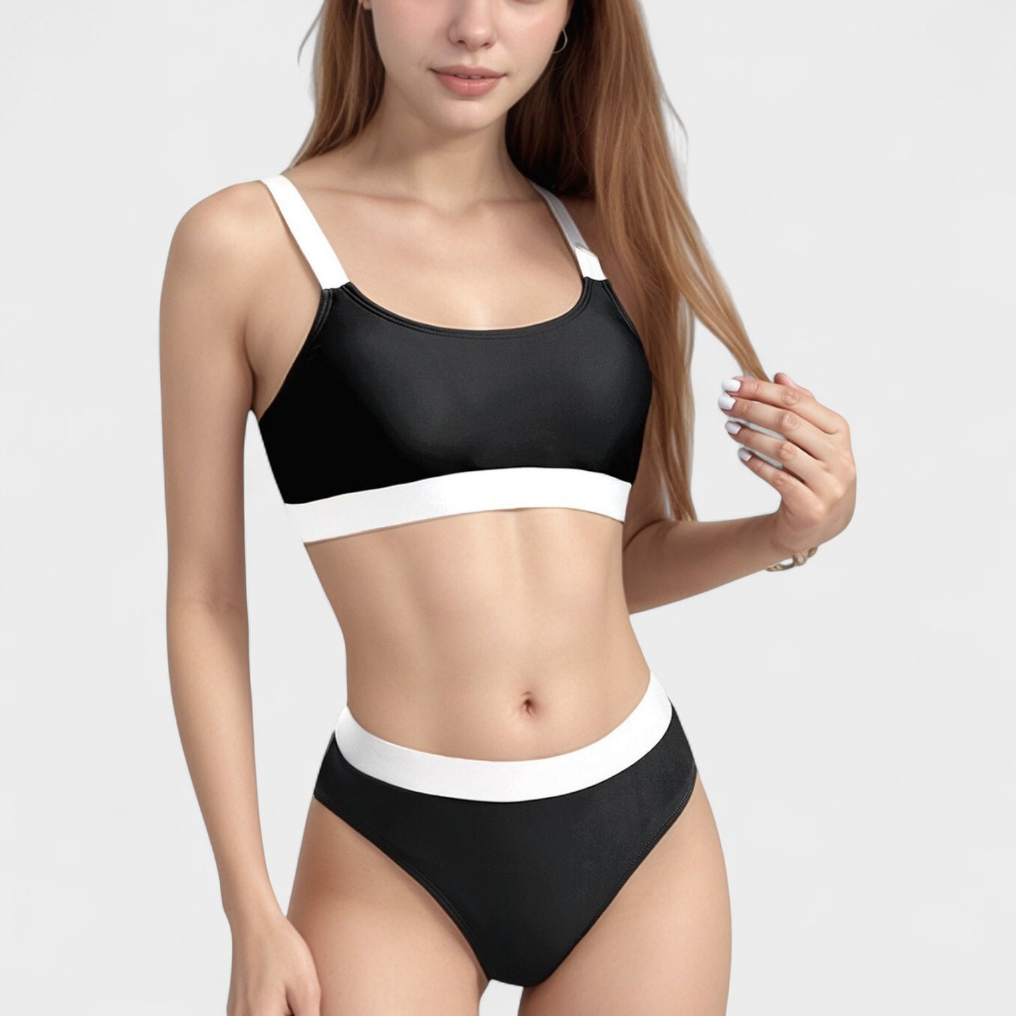 Two Tone Scoop Neck Bikini Top with Matching High Waist Bottoms and Adjustable Straps