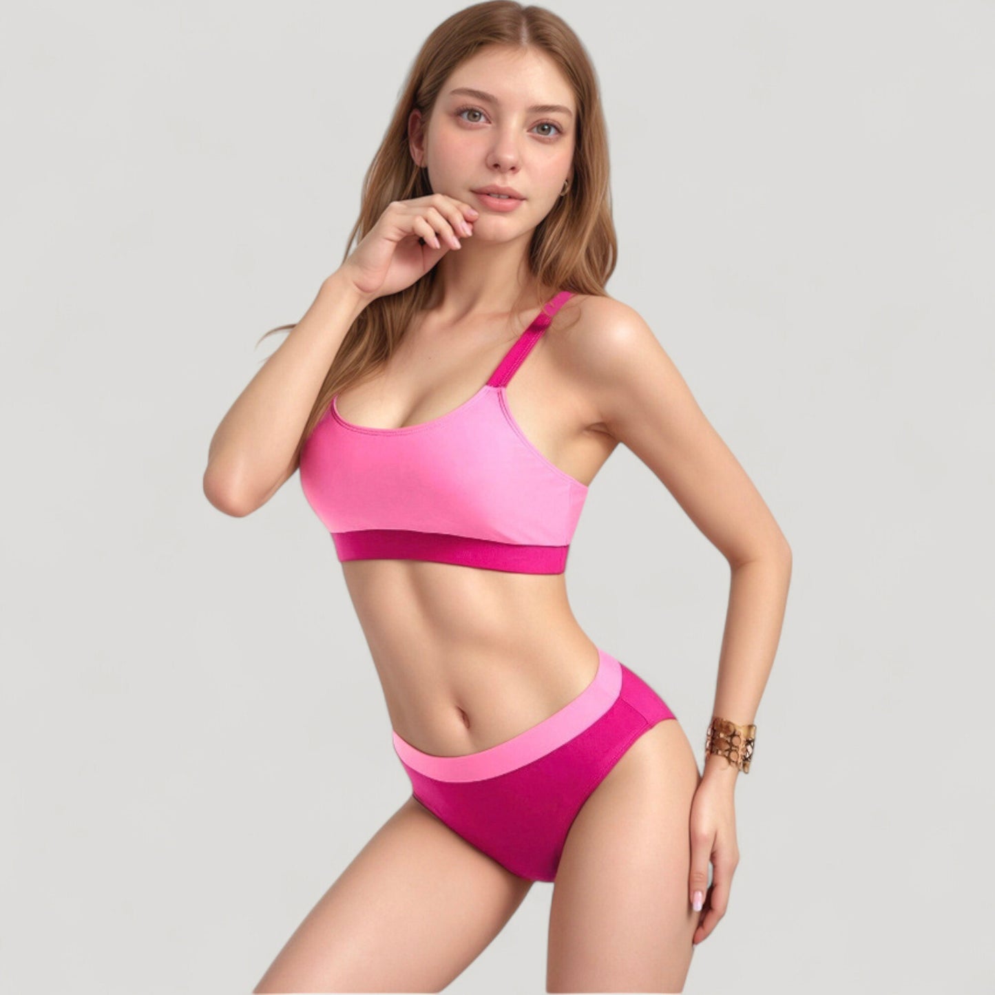 Two Tone Scoop Neck Bikini Top with Matching High Waist Bottoms and Adjustable Straps