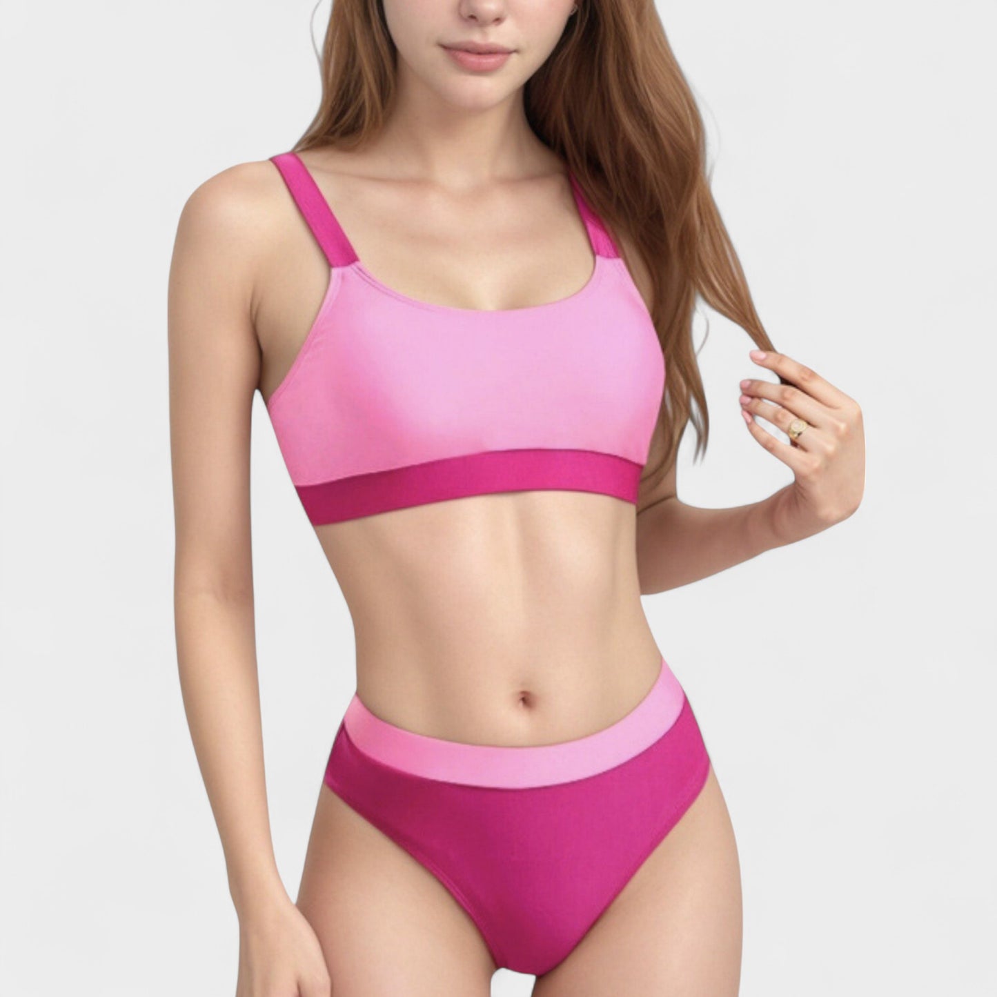 Two Tone Scoop Neck Bikini Top with Matching High Waist Bottoms and Adjustable Straps