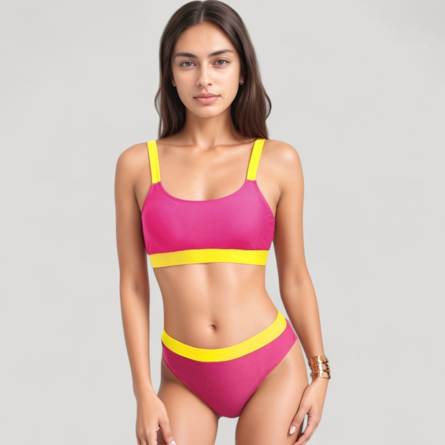 Two Tone Scoop Neck Bikini Top with Matching High Waist Bottoms and Adjustable Straps