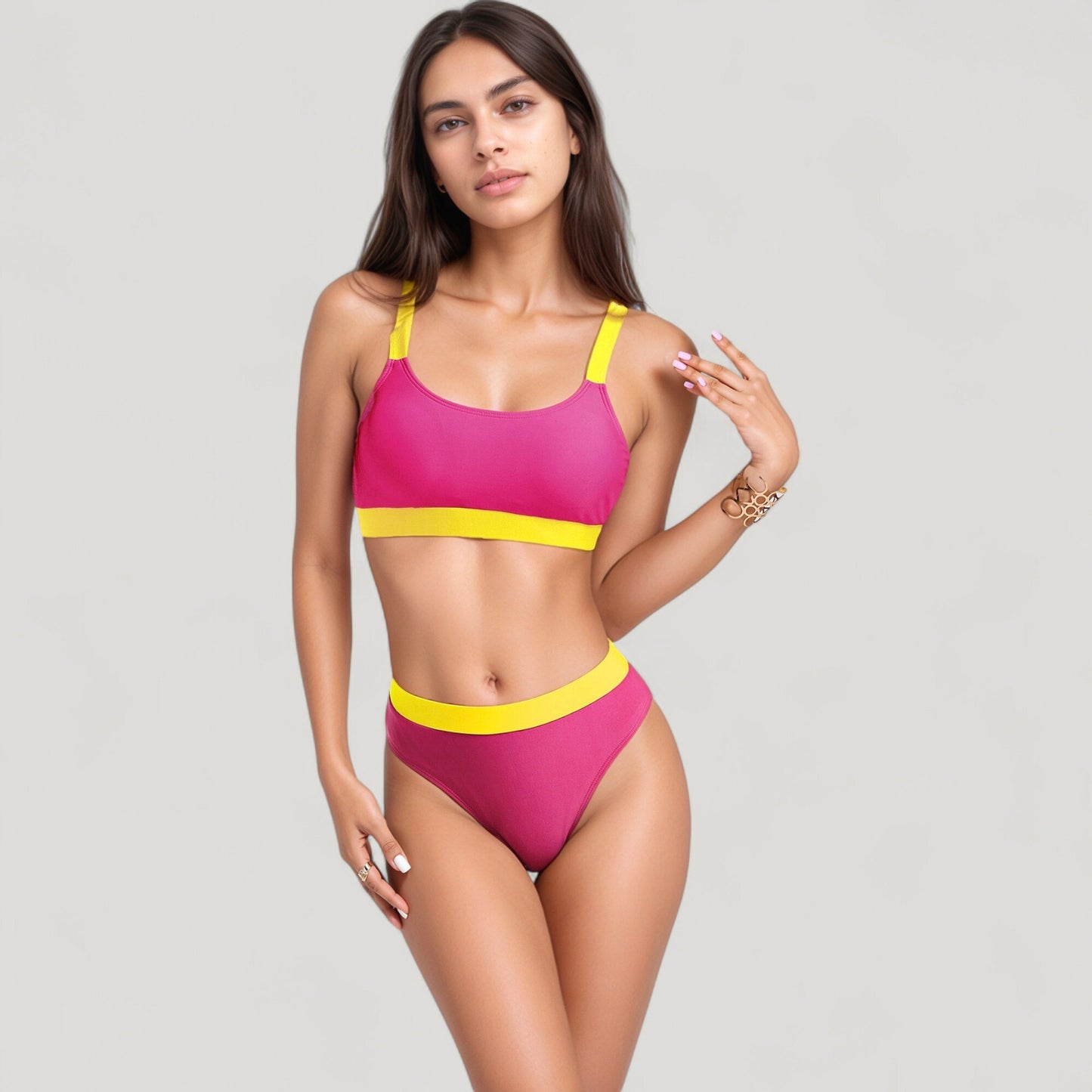 Two Tone Scoop Neck Bikini Top with Matching High Waist Bottoms and Adjustable Straps