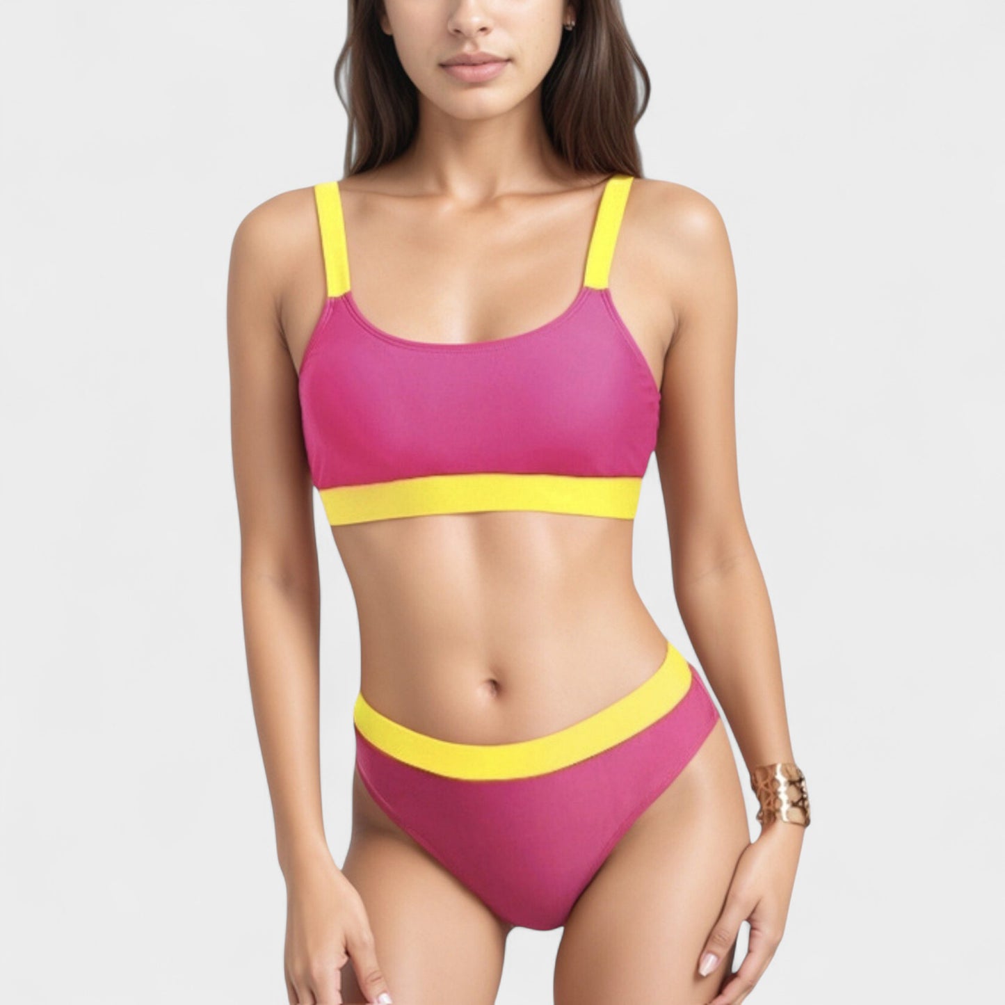 Two Tone Scoop Neck Bikini Top with Matching High Waist Bottoms and Adjustable Straps