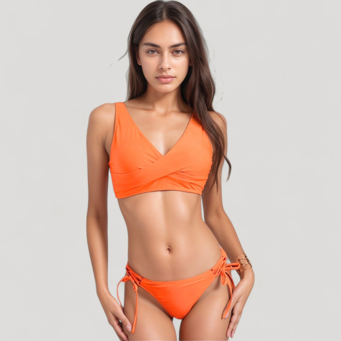 Crisscross Front Bikini Top with V-Neckline and Wide Straps for a Sleek Supportive Fit