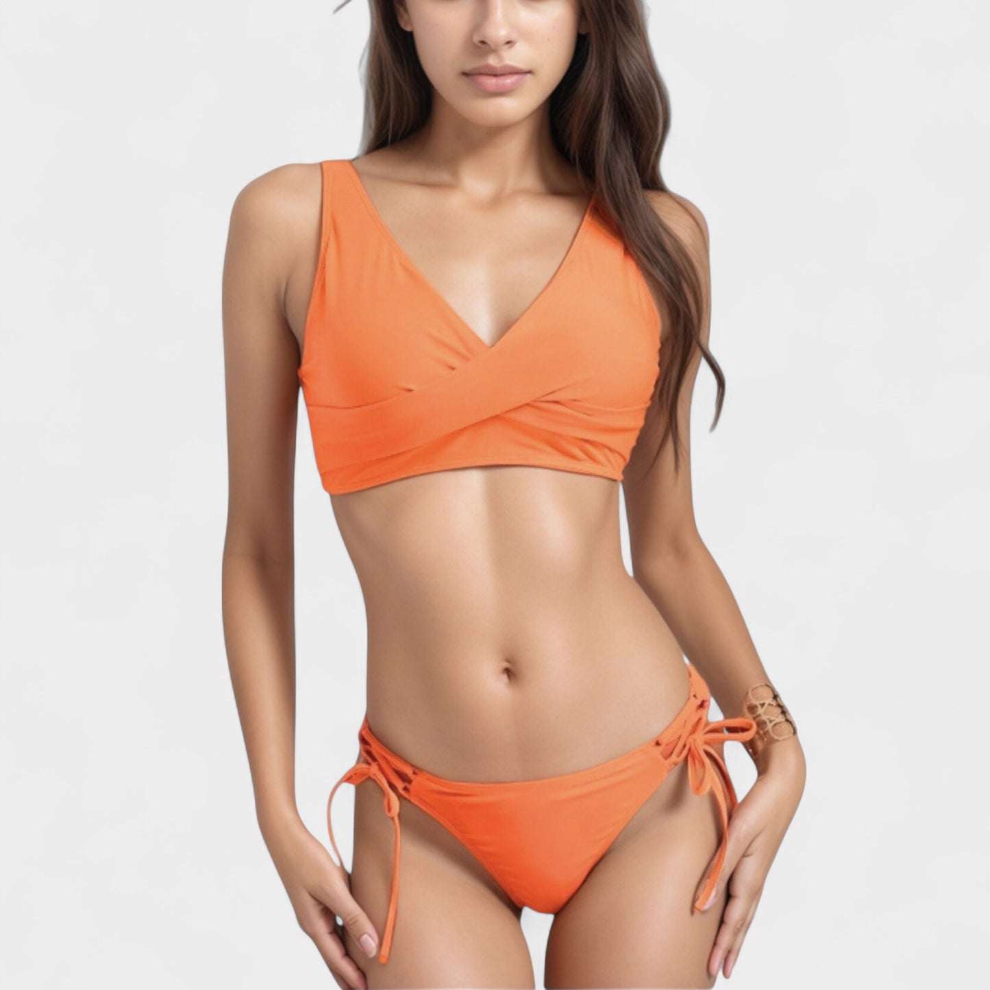 Crisscross Front Bikini Top with V-Neckline and Wide Straps for a Sleek Supportive Fit