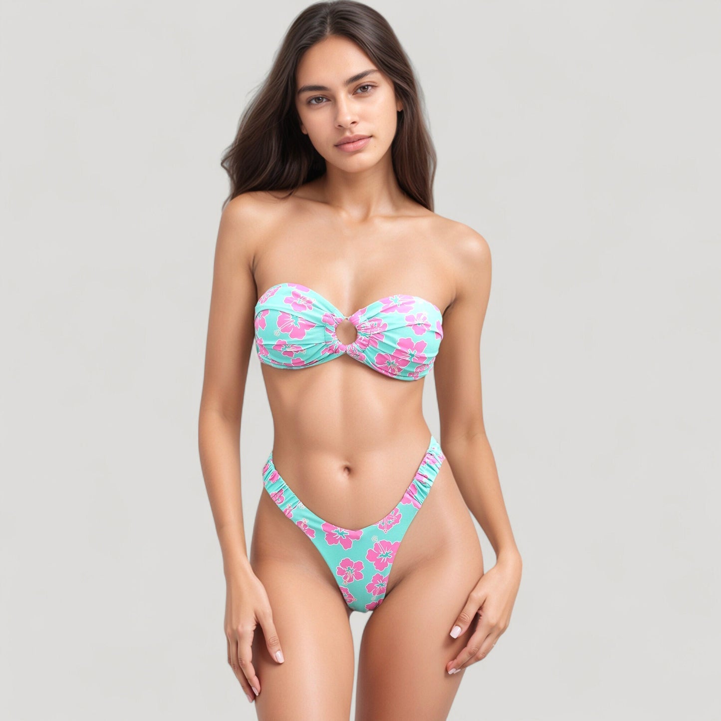 Strapless Bandeau Bikini Top with Front Knot Detail and Vibrant Retro Floral Print