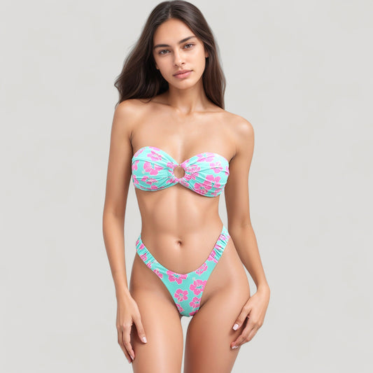 Strapless Bandeau Bikini Top with Front Knot Detail and Vibrant Retro Floral Print