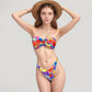 Strapless Bandeau Bikini Top with Front Knot Detail and Vibrant Retro Floral Print