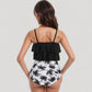 Tiered Ruffle Tankini Top with Adjustable Straps and High Waist Palm Tree Print Bottoms