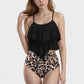 Tiered Ruffle Tankini Top with Adjustable Straps and High Waist Palm Tree Print Bottoms