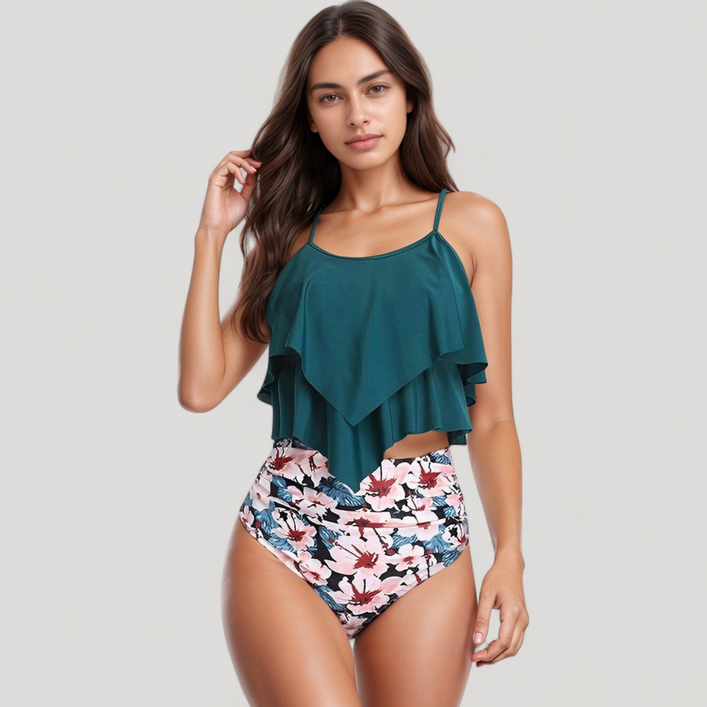 Tiered Ruffle Tankini Top with Adjustable Straps and High Waist Palm Tree Print Bottoms