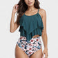 Tiered Ruffle Tankini Top with Adjustable Straps and High Waist Palm Tree Print Bottoms