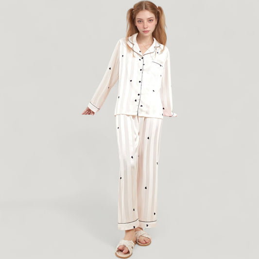 Heart Embroidered Pajama Set with Long Sleeve Button-Up Top and Matching Full-Length Lounge Pants