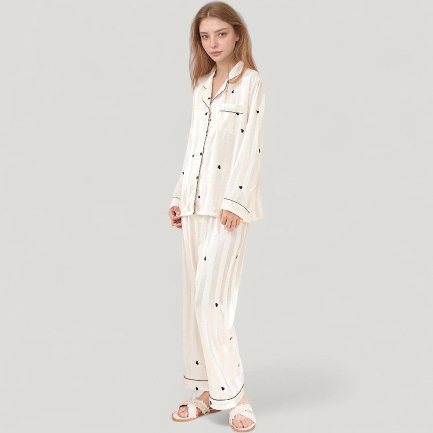 Heart Embroidered Pajama Set with Long Sleeve Button-Up Top and Matching Full-Length Lounge Pants