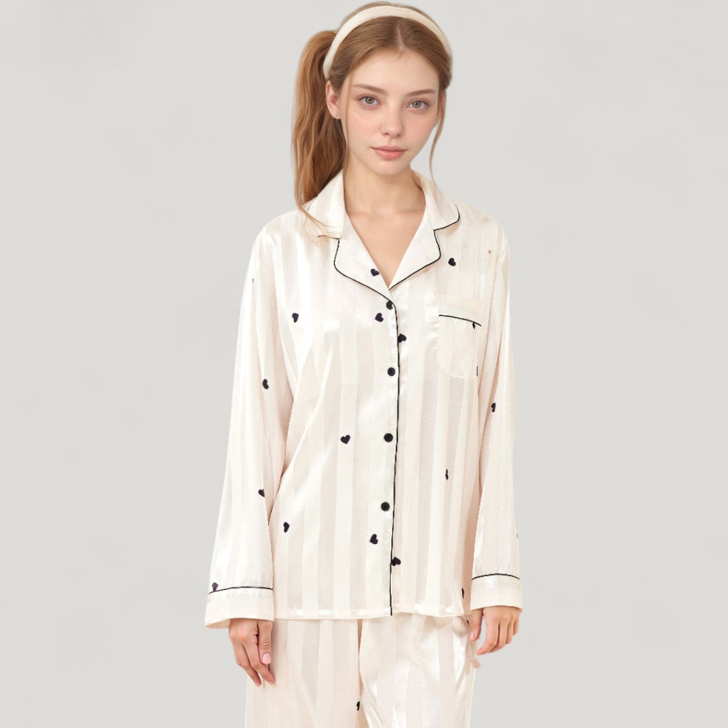 Heart Embroidered Pajama Set with Long Sleeve Button-Up Top and Matching Full-Length Lounge Pants