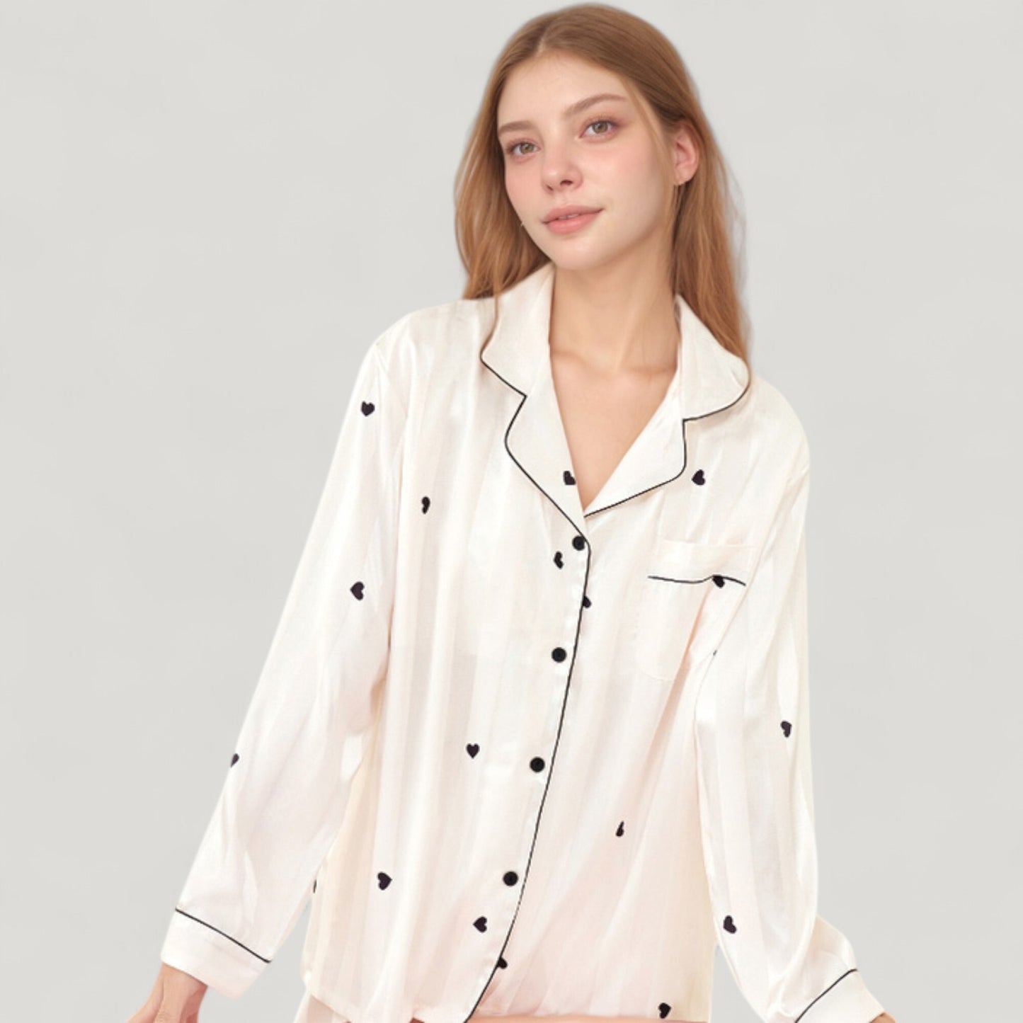Heart Embroidered Pajama Set with Long Sleeve Button-Up Top and Matching Full-Length Lounge Pants