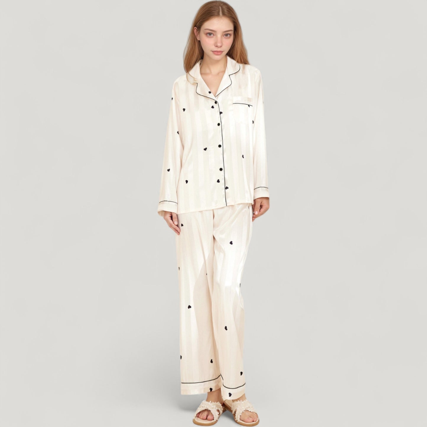 Heart Embroidered Pajama Set with Long Sleeve Button-Up Top and Matching Full-Length Lounge Pants