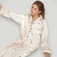 Heart Embroidered Pajama Set with Long Sleeve Button-Up Top and Matching Full-Length Lounge Pants
