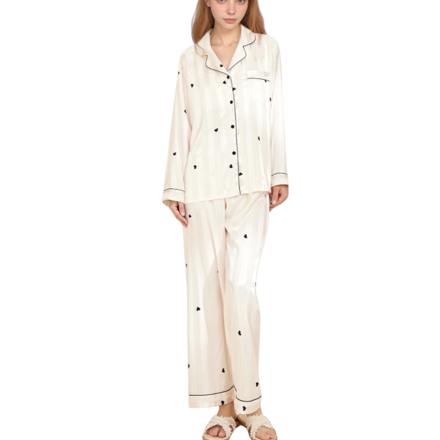 Heart Embroidered Pajama Set with Long Sleeve Button-Up Top and Matching Full-Length Lounge Pants