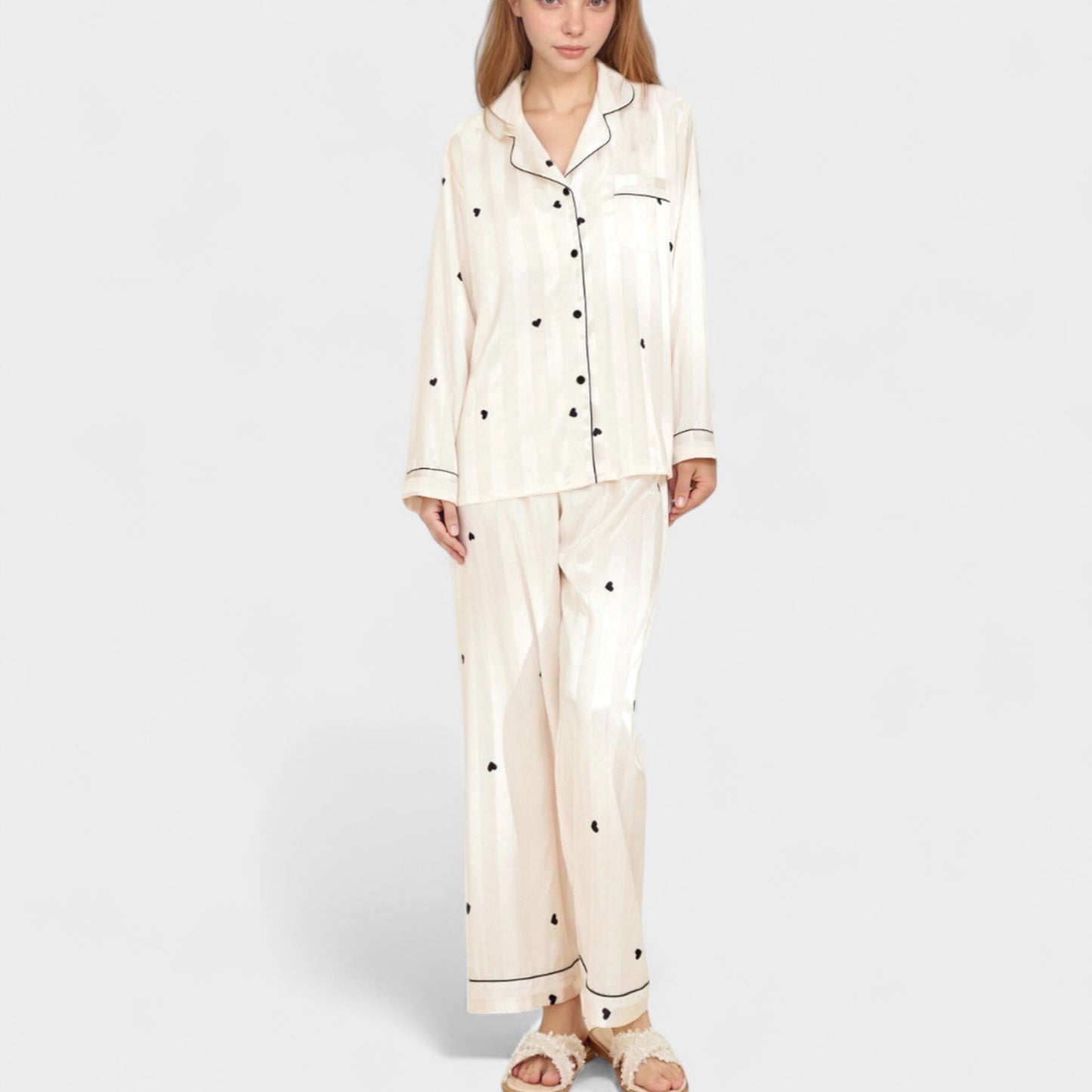Heart Embroidered Pajama Set with Long Sleeve Button-Up Top and Matching Full-Length Lounge Pants