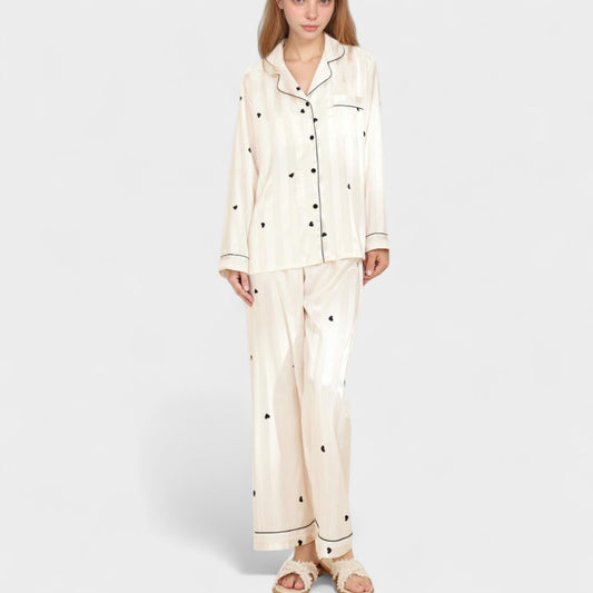 Heart Embroidered Pajama Set with Long Sleeve Button-Up Top and Matching Full-Length Lounge Pants