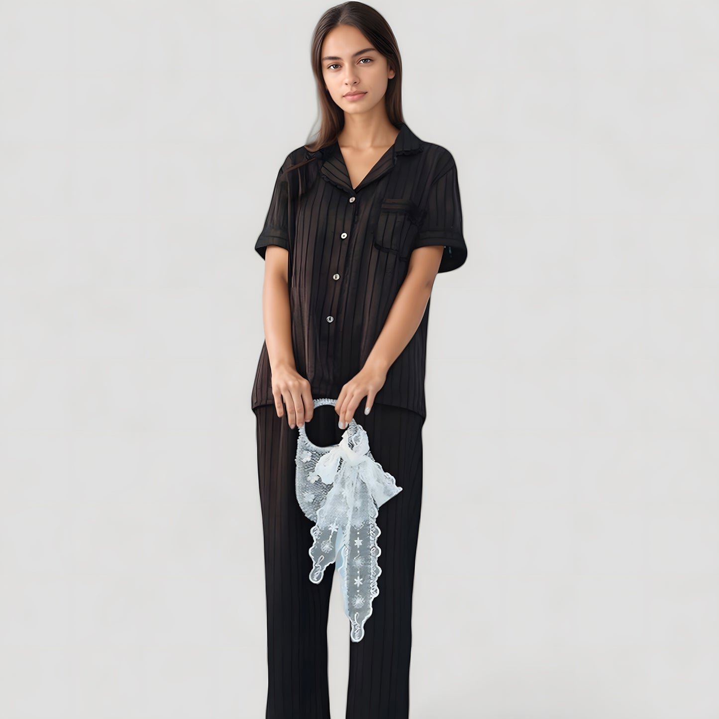 Short Sleeve Button-Down Striped Pajama Top with Matching Wide Leg Pants Sleepwear Set