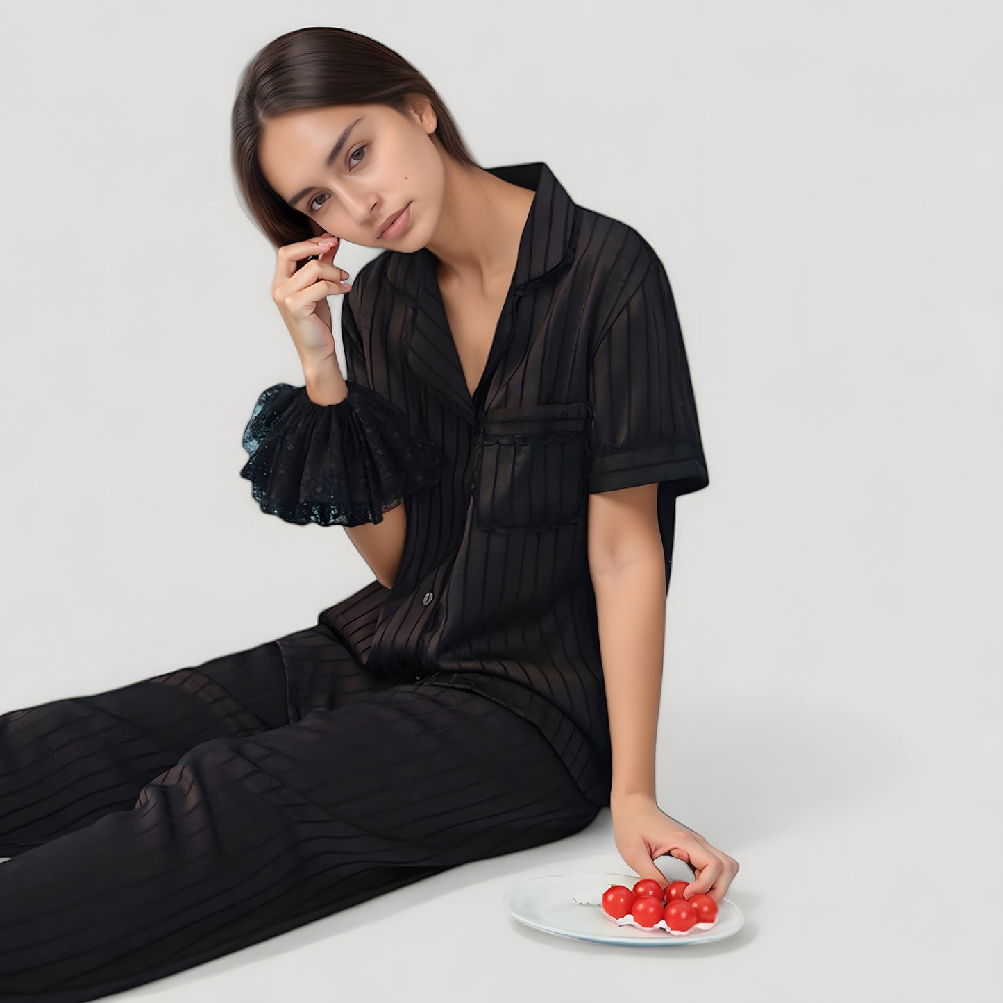 Short Sleeve Button-Down Striped Pajama Top with Matching Wide Leg Pants Sleepwear Set