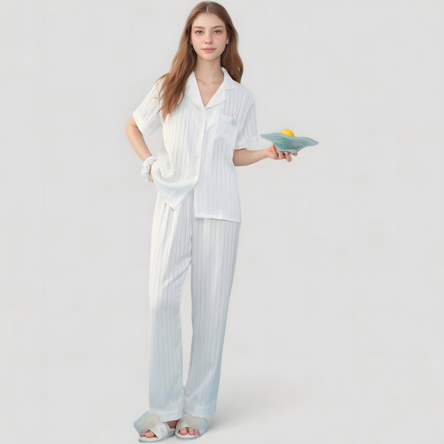 Short Sleeve Button-Down Striped Pajama Top with Matching Wide Leg Pants Sleepwear Set