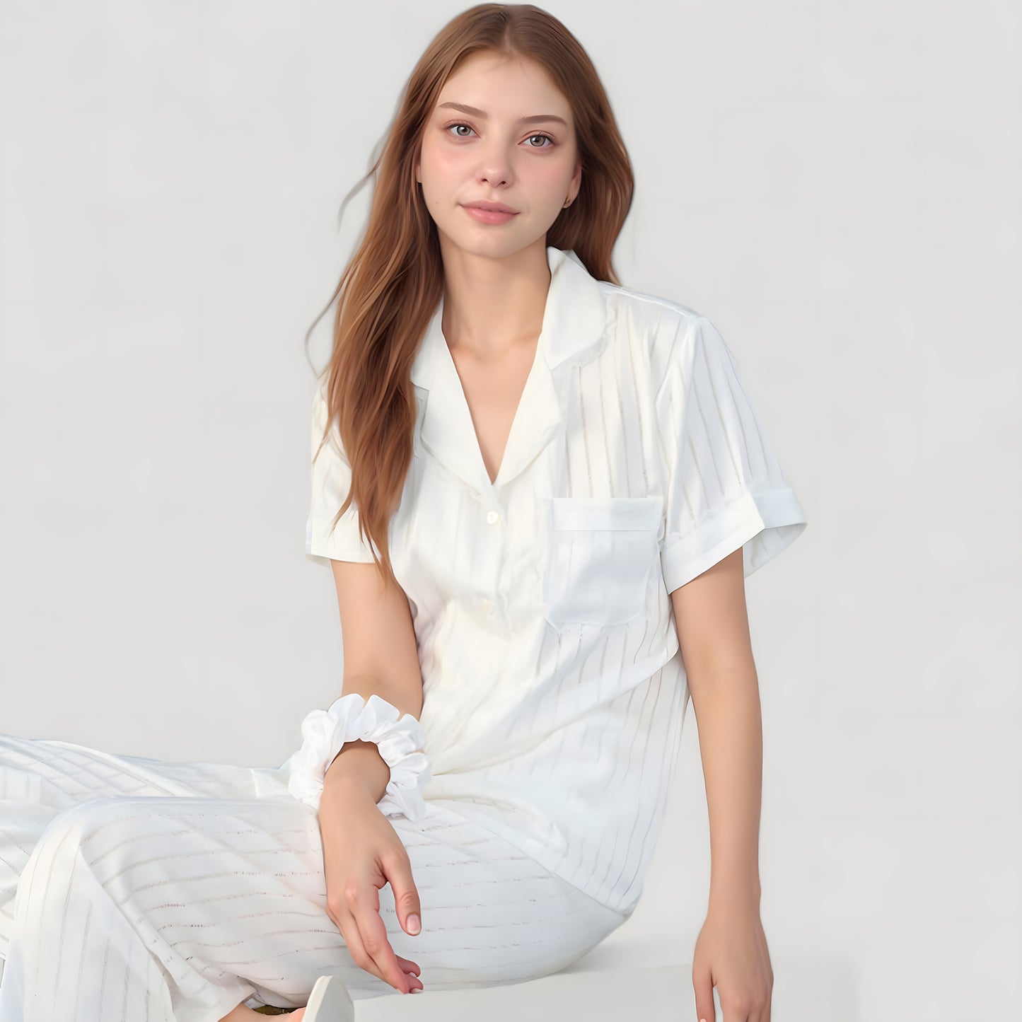 Short Sleeve Button-Down Striped Pajama Top with Matching Wide Leg Pants Sleepwear Set