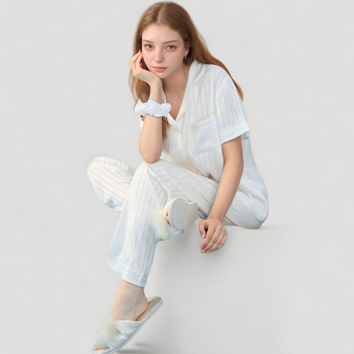 Short Sleeve Button-Down Striped Pajama Top with Matching Wide Leg Pants Sleepwear Set