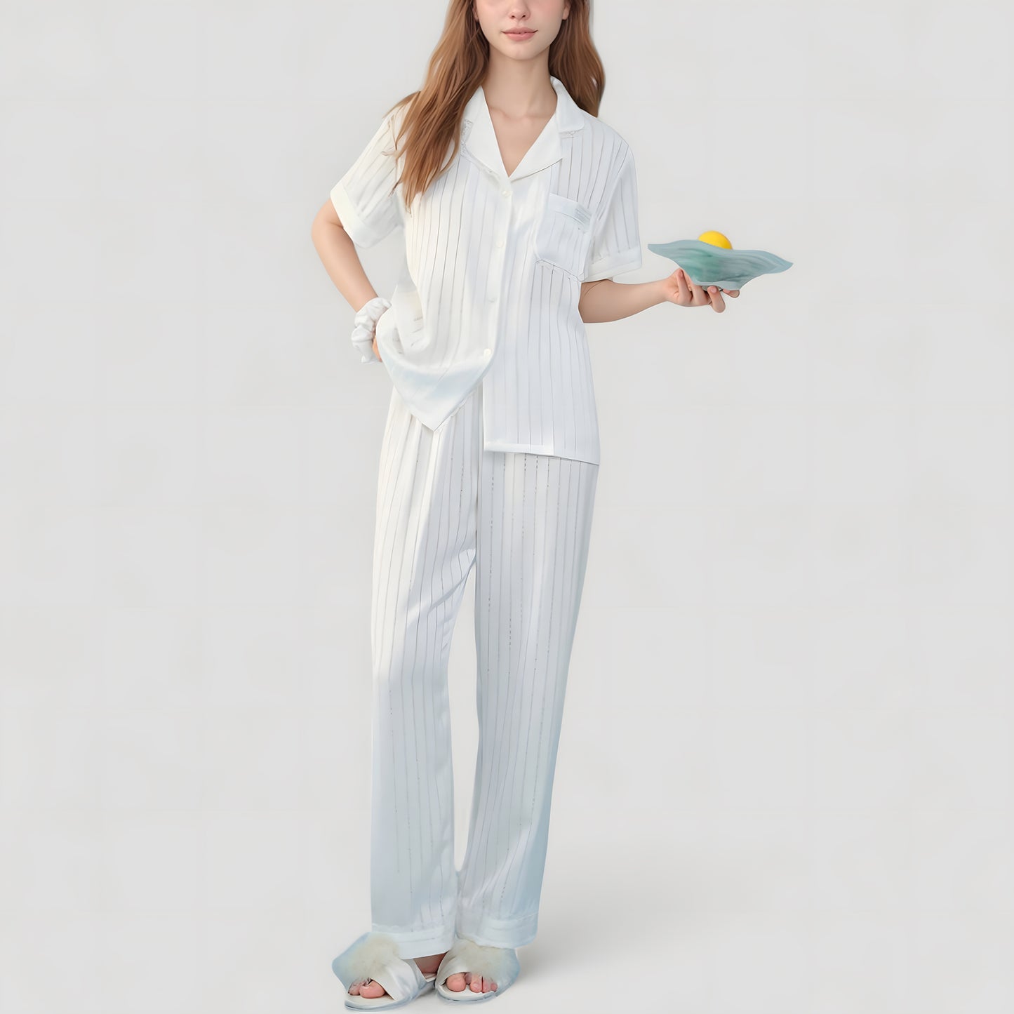 Short Sleeve Button-Down Striped Pajama Top with Matching Wide Leg Pants Sleepwear Set