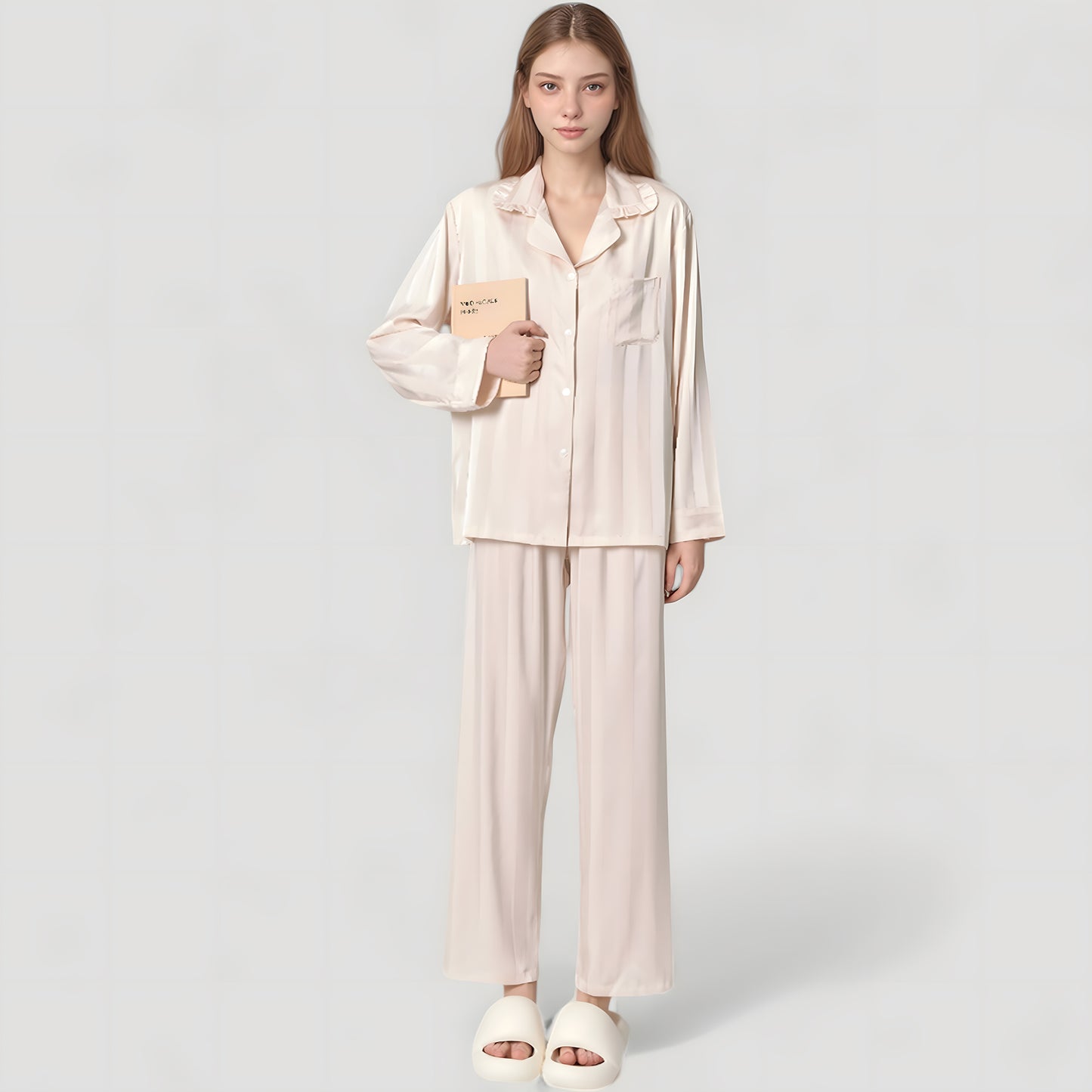 Long Sleeve Button-Down Satin Pajama Top with Ruffle Collar and Wide Leg Pants Sleepwear Set