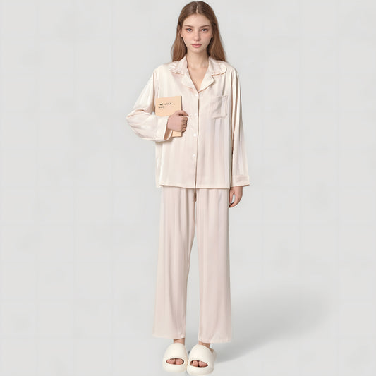 Long Sleeve Button-Down Satin Pajama Top with Ruffle Collar and Wide Leg Pants Sleepwear Set