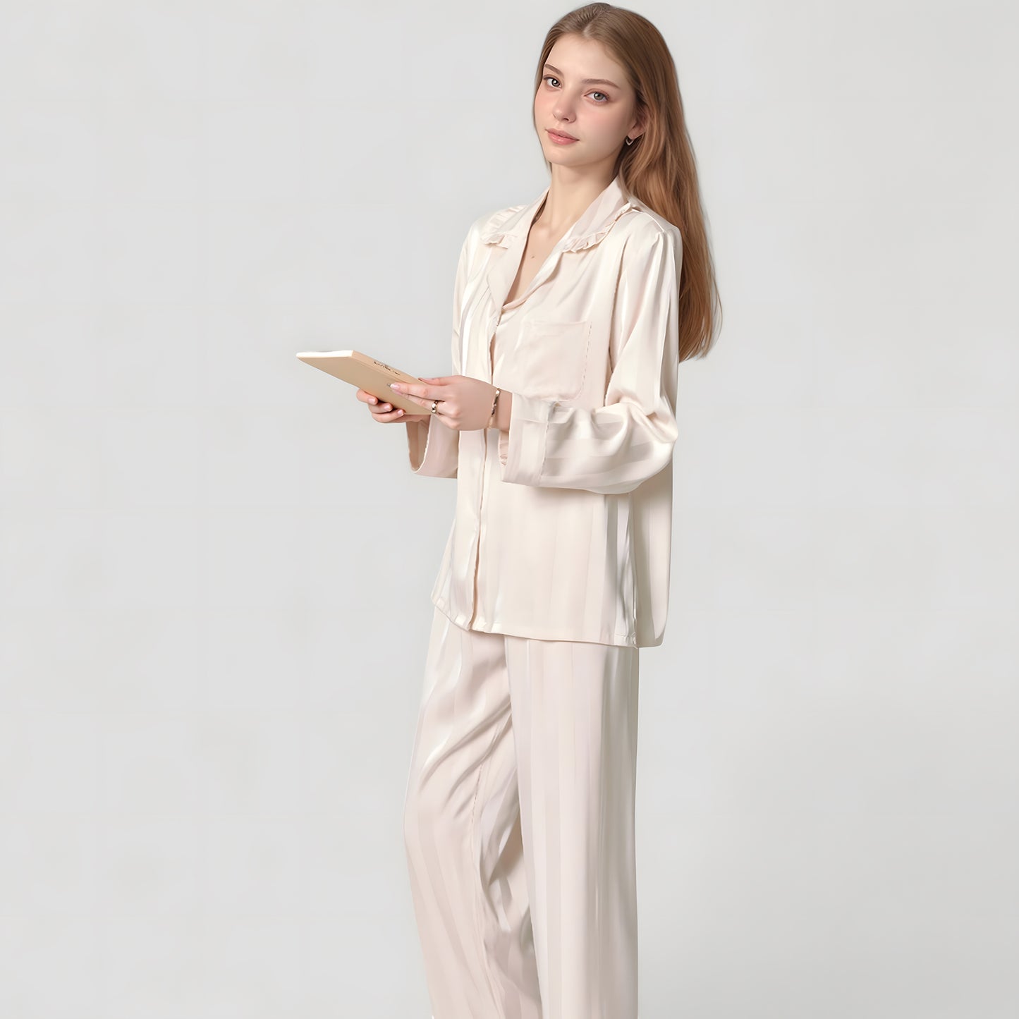 Long Sleeve Button-Down Satin Pajama Top with Ruffle Collar and Wide Leg Pants Sleepwear Set