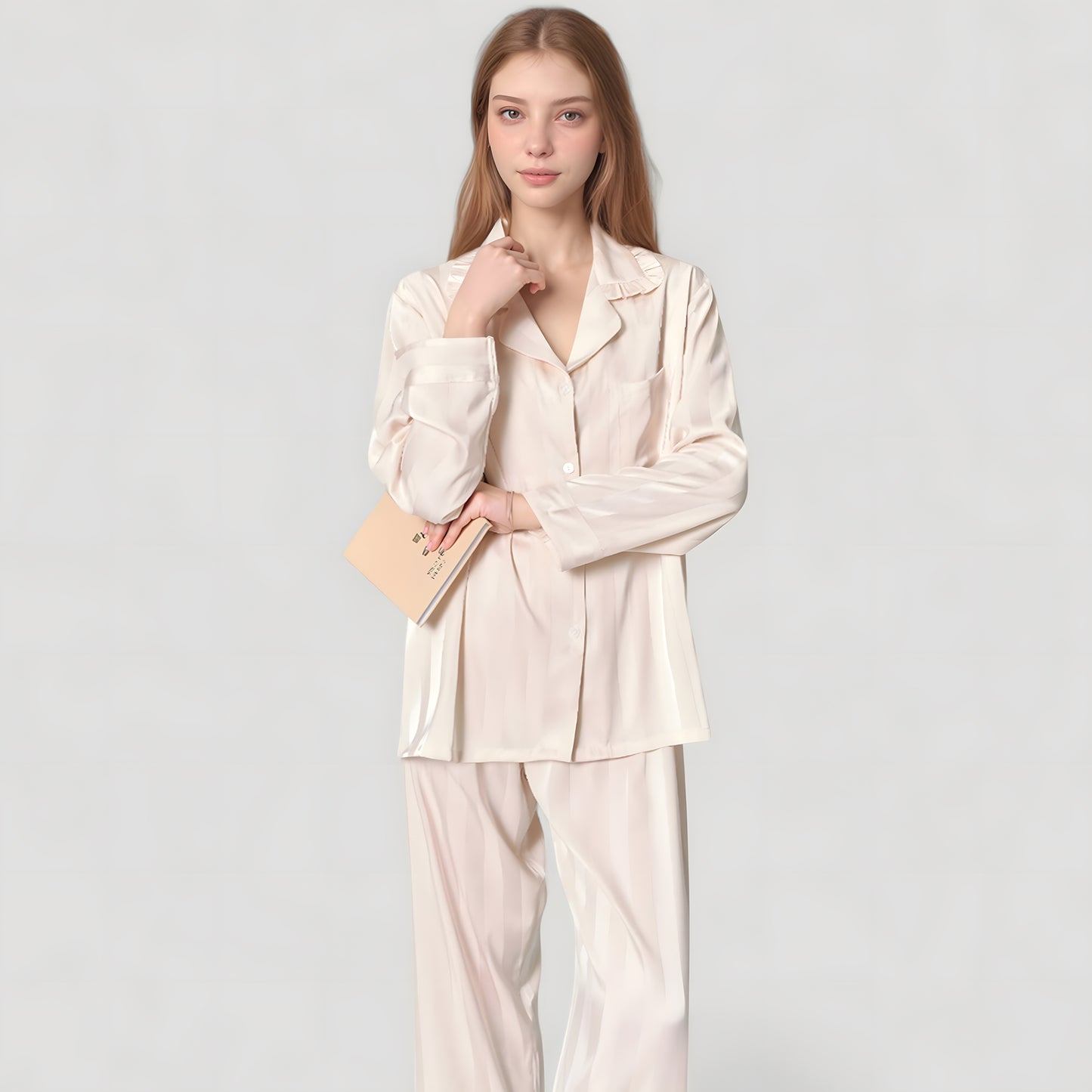 Long Sleeve Button-Down Satin Pajama Top with Ruffle Collar and Wide Leg Pants Sleepwear Set
