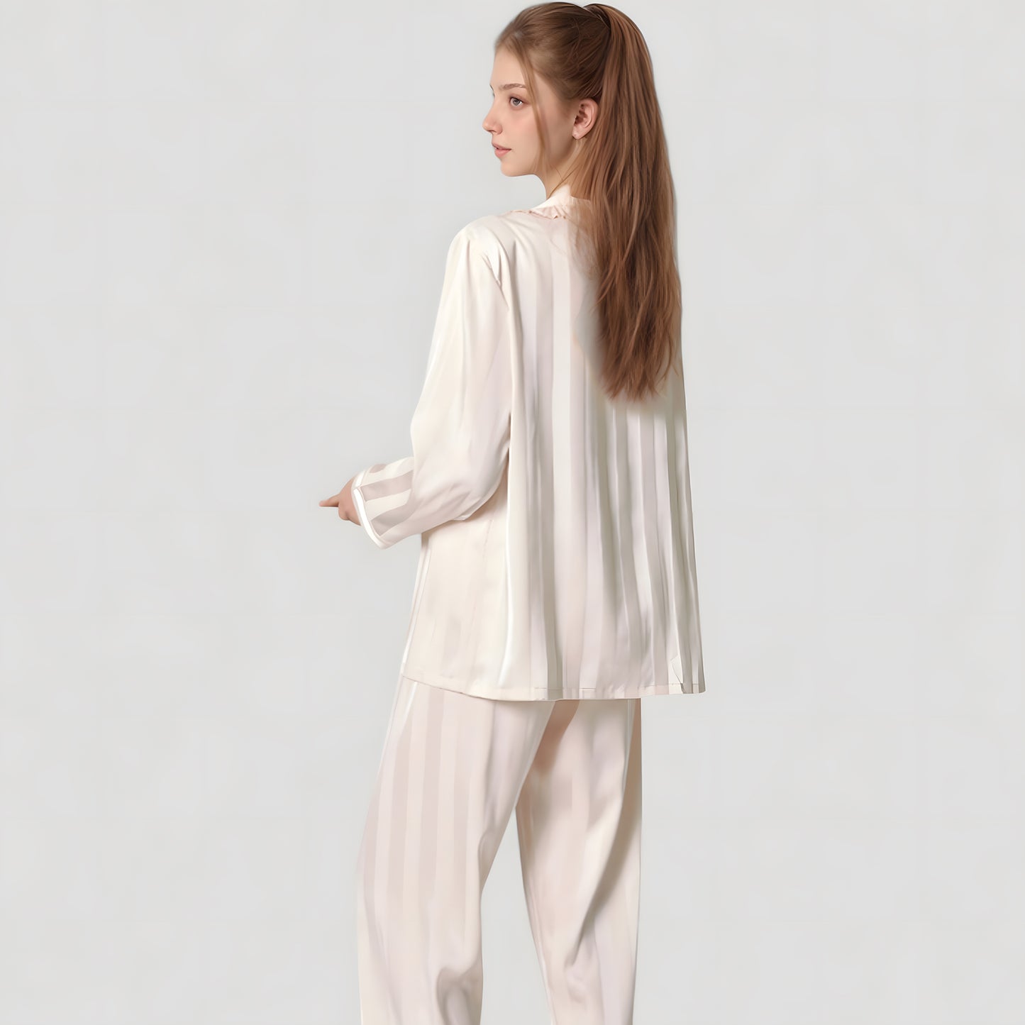 Long Sleeve Button-Down Satin Pajama Top with Ruffle Collar and Wide Leg Pants Sleepwear Set