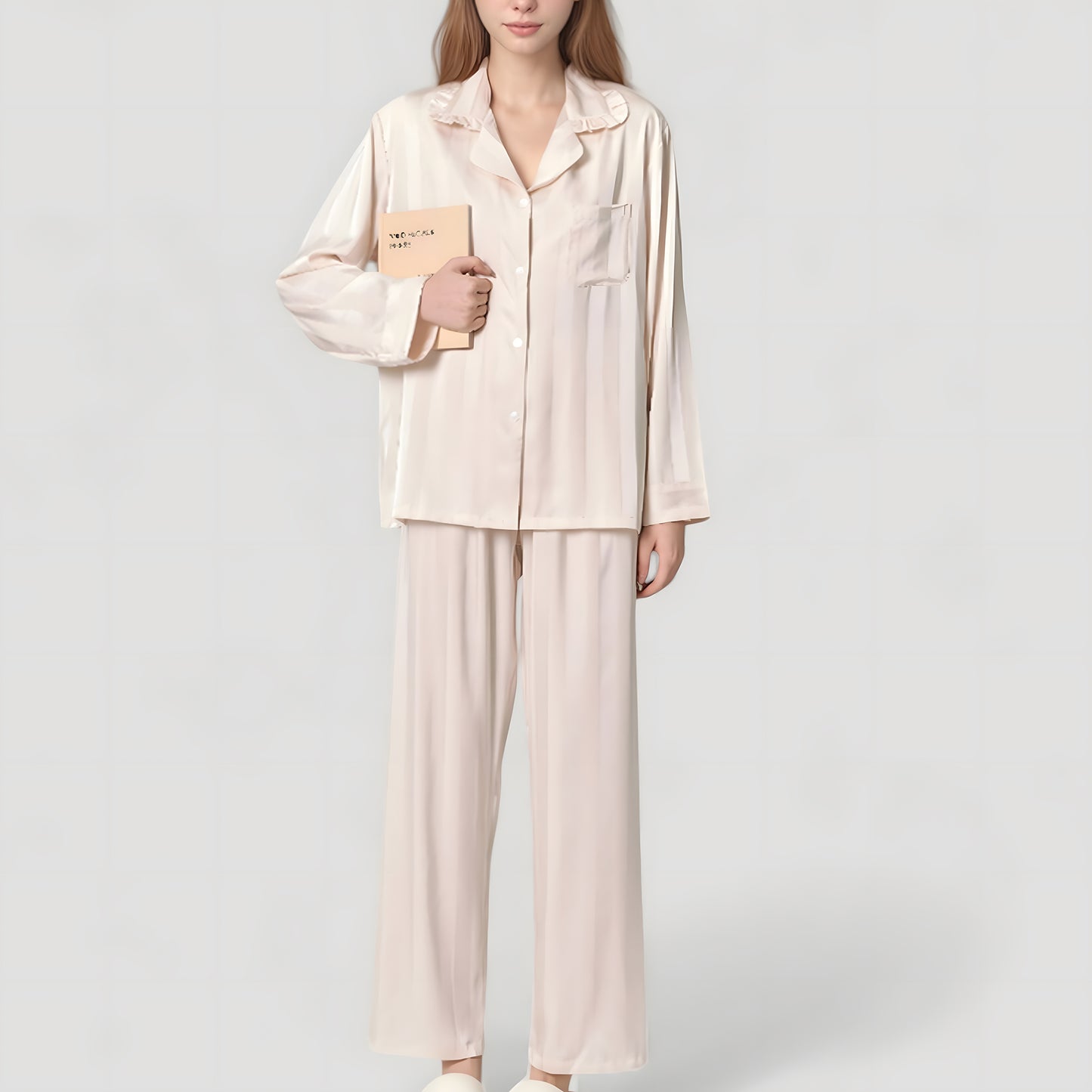 Long Sleeve Button-Down Satin Pajama Top with Ruffle Collar and Wide Leg Pants Sleepwear Set