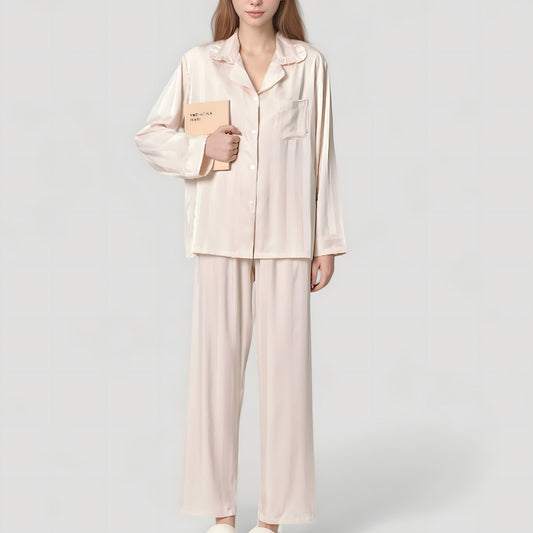 Long Sleeve Button-Down Satin Pajama Top with Ruffle Collar and Wide Leg Pants Sleepwear Set