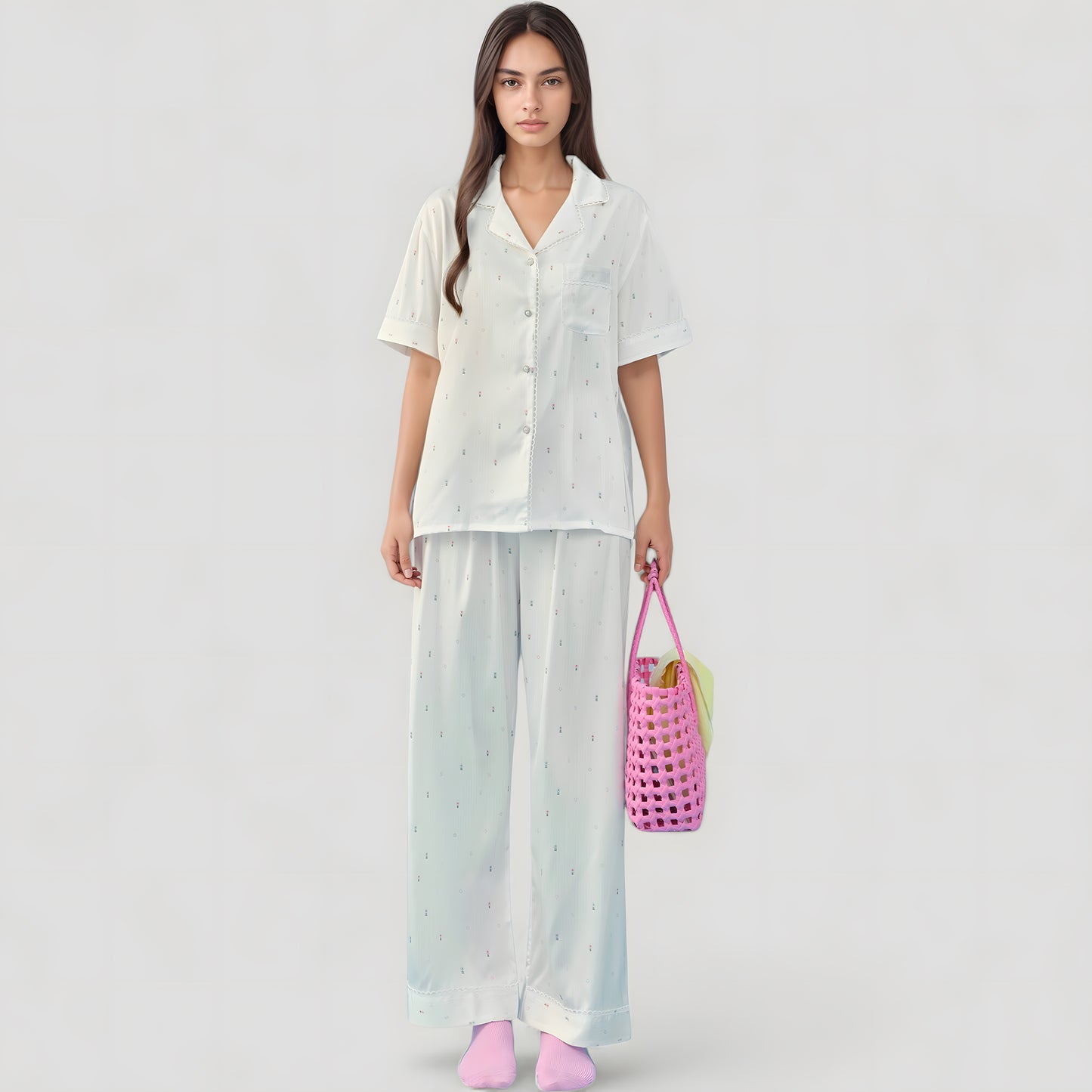 Short Sleeve Button-Down Satin Pajama Set with Allover Mini Dot Print and Wide Leg Pants