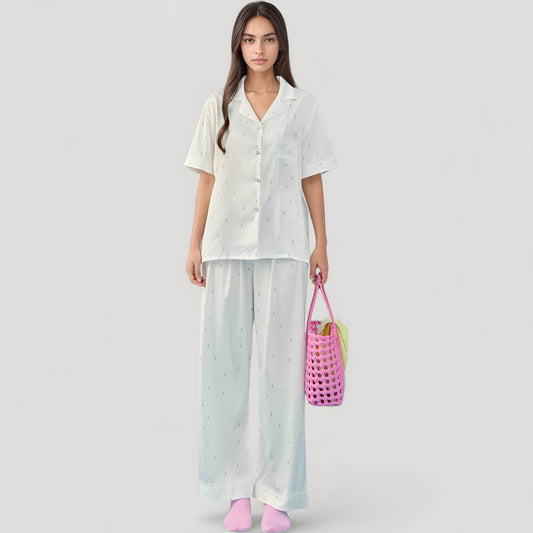 Short Sleeve Button-Down Satin Pajama Set with Allover Mini Dot Print and Wide Leg Pants