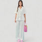 Short Sleeve Button-Down Satin Pajama Set with Allover Mini Dot Print and Wide Leg Pants
