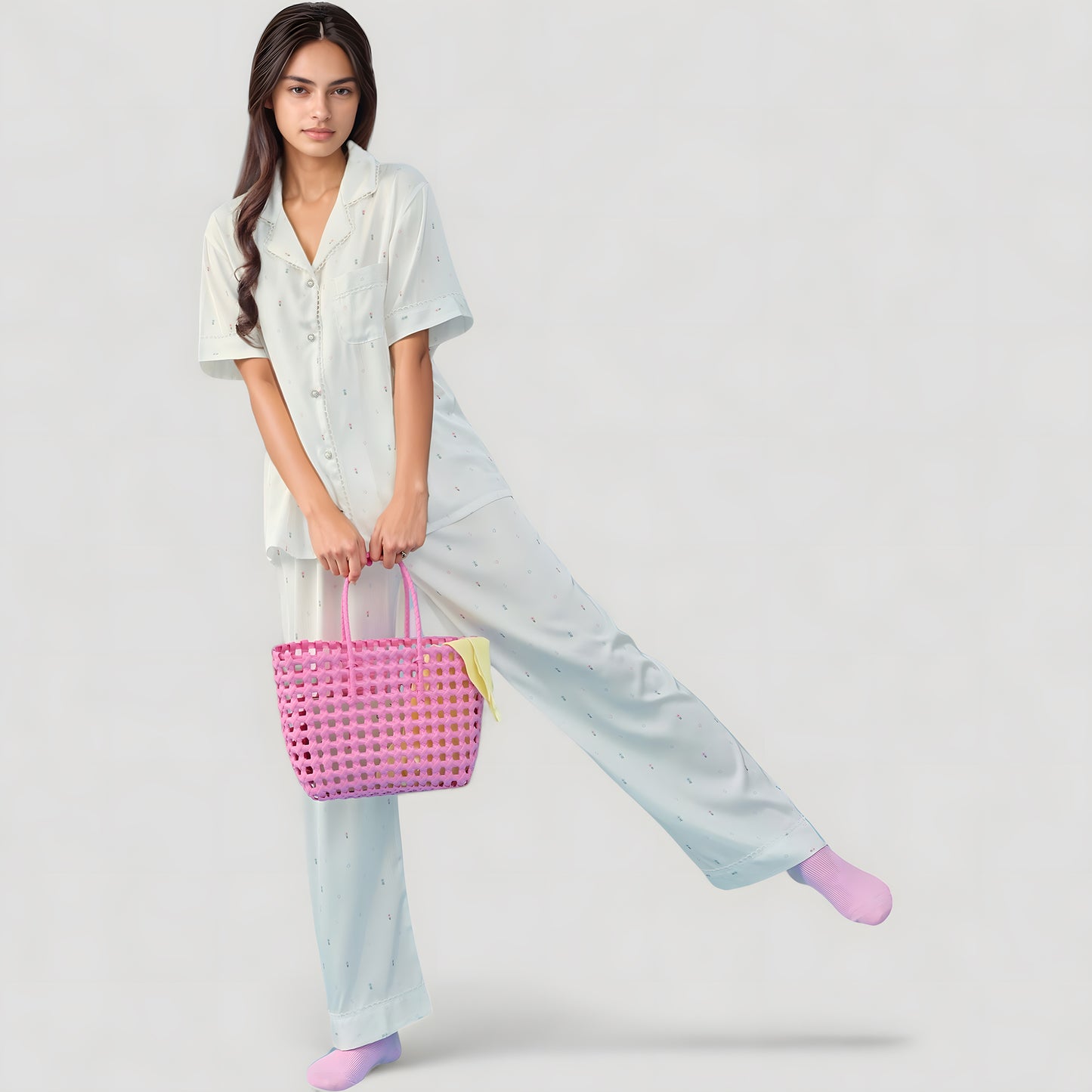 Short Sleeve Button-Down Satin Pajama Set with Allover Mini Dot Print and Wide Leg Pants