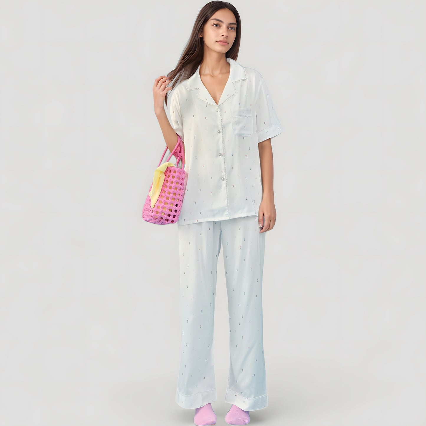 Short Sleeve Button-Down Satin Pajama Set with Allover Mini Dot Print and Wide Leg Pants